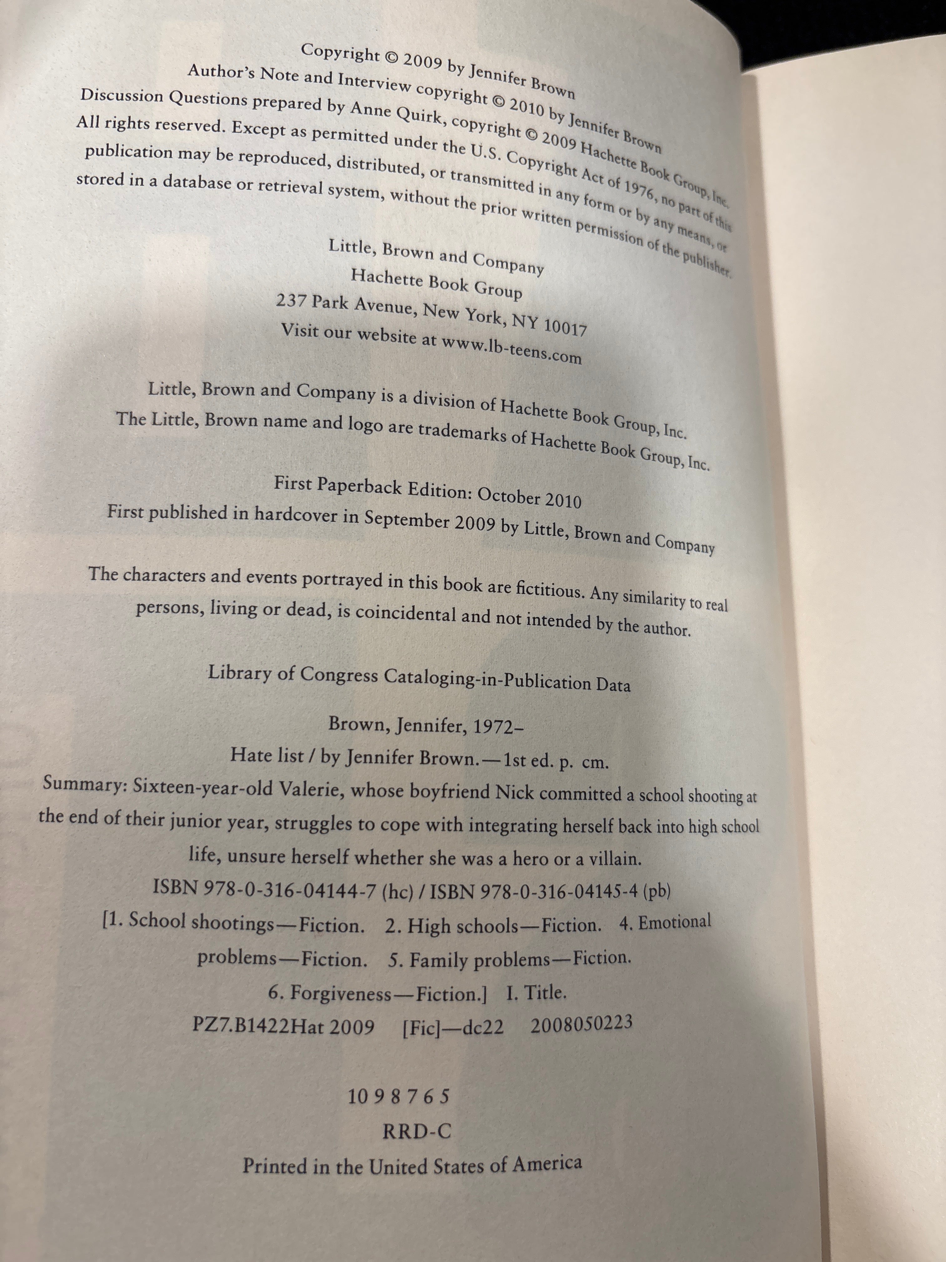 Hate List by Jennifer Brown paperback YA First Edition (rescued)