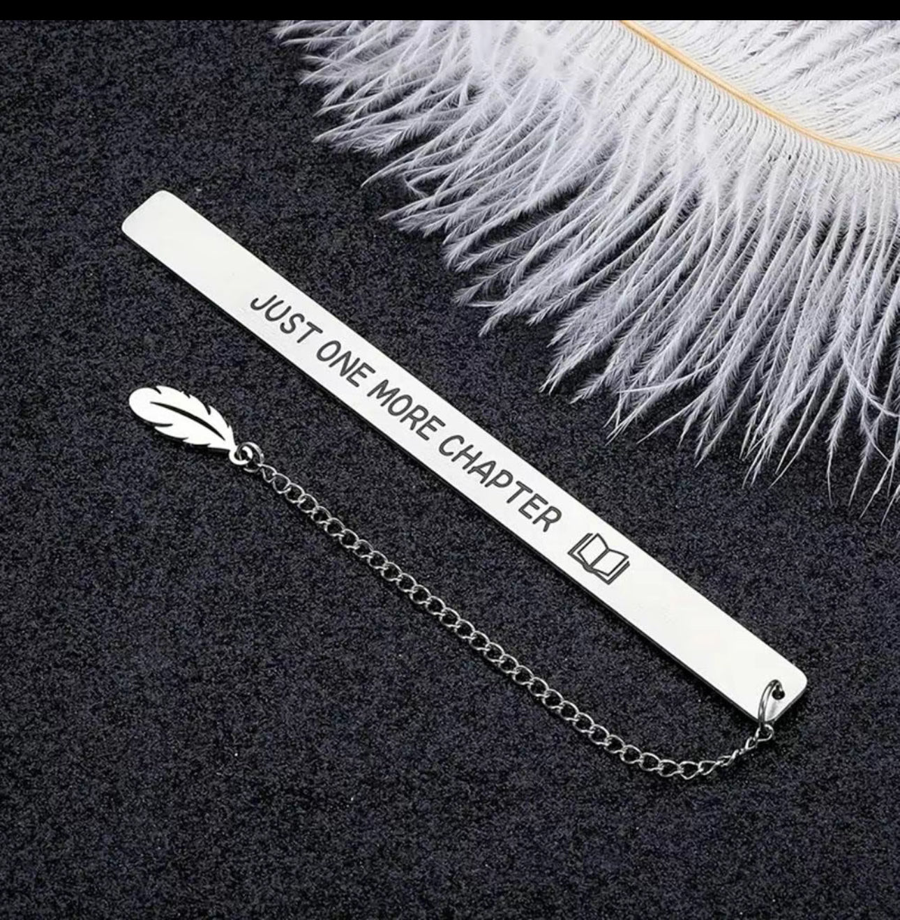 Metal Bookmark ‘Just One More Chapter’ with leaf pendant