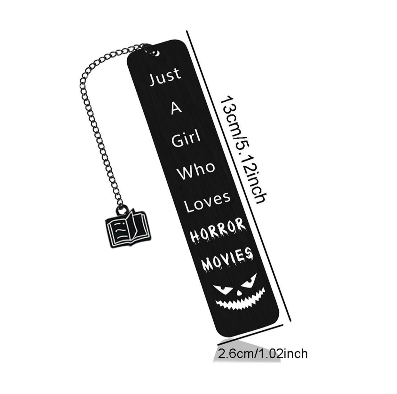 Metal Black Bookmark ‘Just a Girl Who Loves Horror Movies’ with book pendant