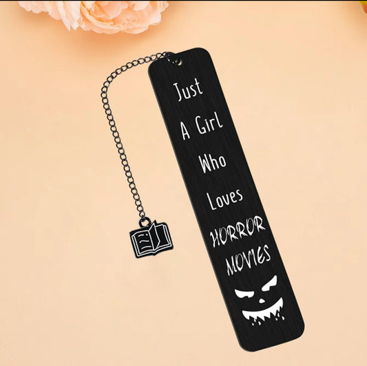 Metal Black Bookmark ‘Just a Girl Who Loves Horror Movies’ with book pendant