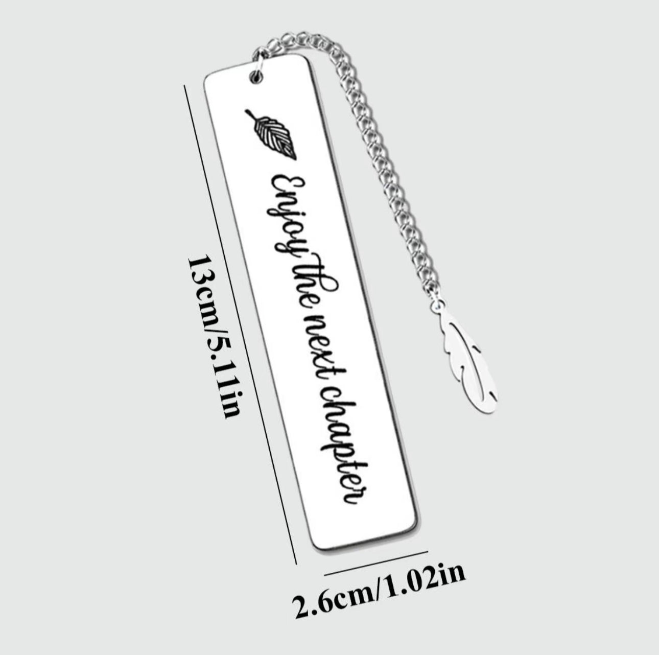 Metal Bookmark ‘Enjoy the Next Chapter’ with leaf pendant