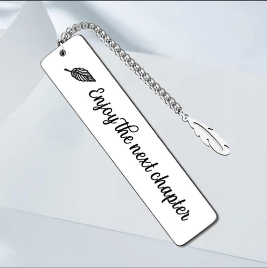 Metal Bookmark ‘Enjoy the Next Chapter’ with leaf pendant