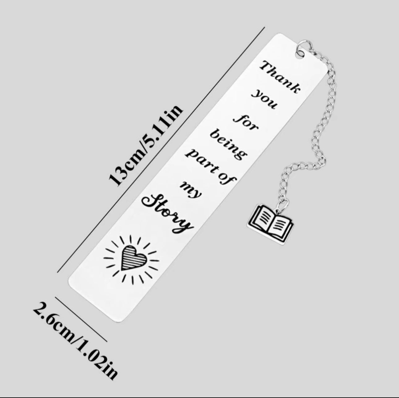 Metal Bookmark ‘Thank You for Being Part of My Story’ with book pendant